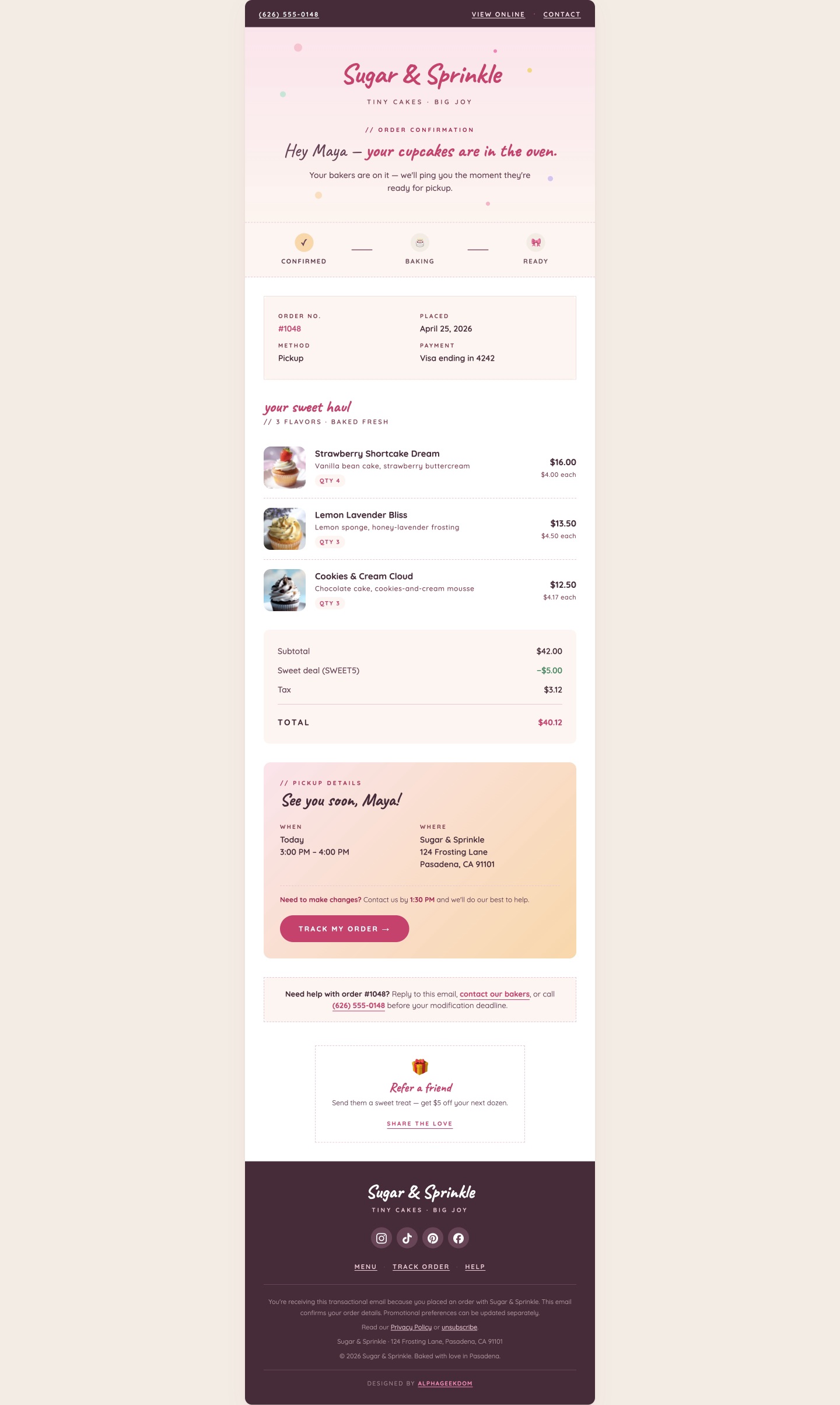 Desktop render of the Sugar & Sprinkle receipt — full layout from utility strip and brand block through the items list, totals, pickup card, support callout, and footer