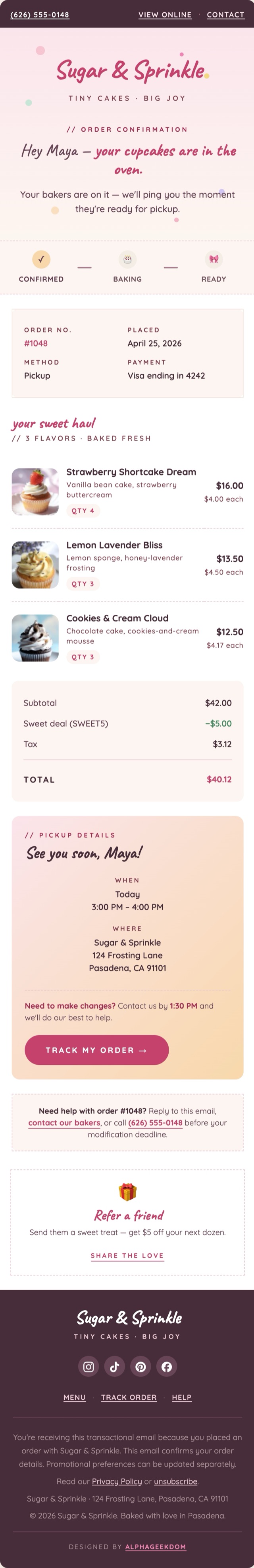 Mobile render of the Sugar & Sprinkle receipt — single-column stacked layout on a phone-width viewport